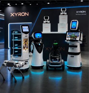 Familia de robos da Xyron robótica,contendo robôs para limpeza, recepção, transporte e segurança.