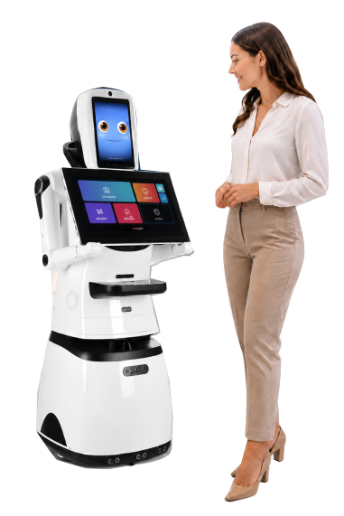 Robô recepcionista com tela digital prestando atendimento na recepção